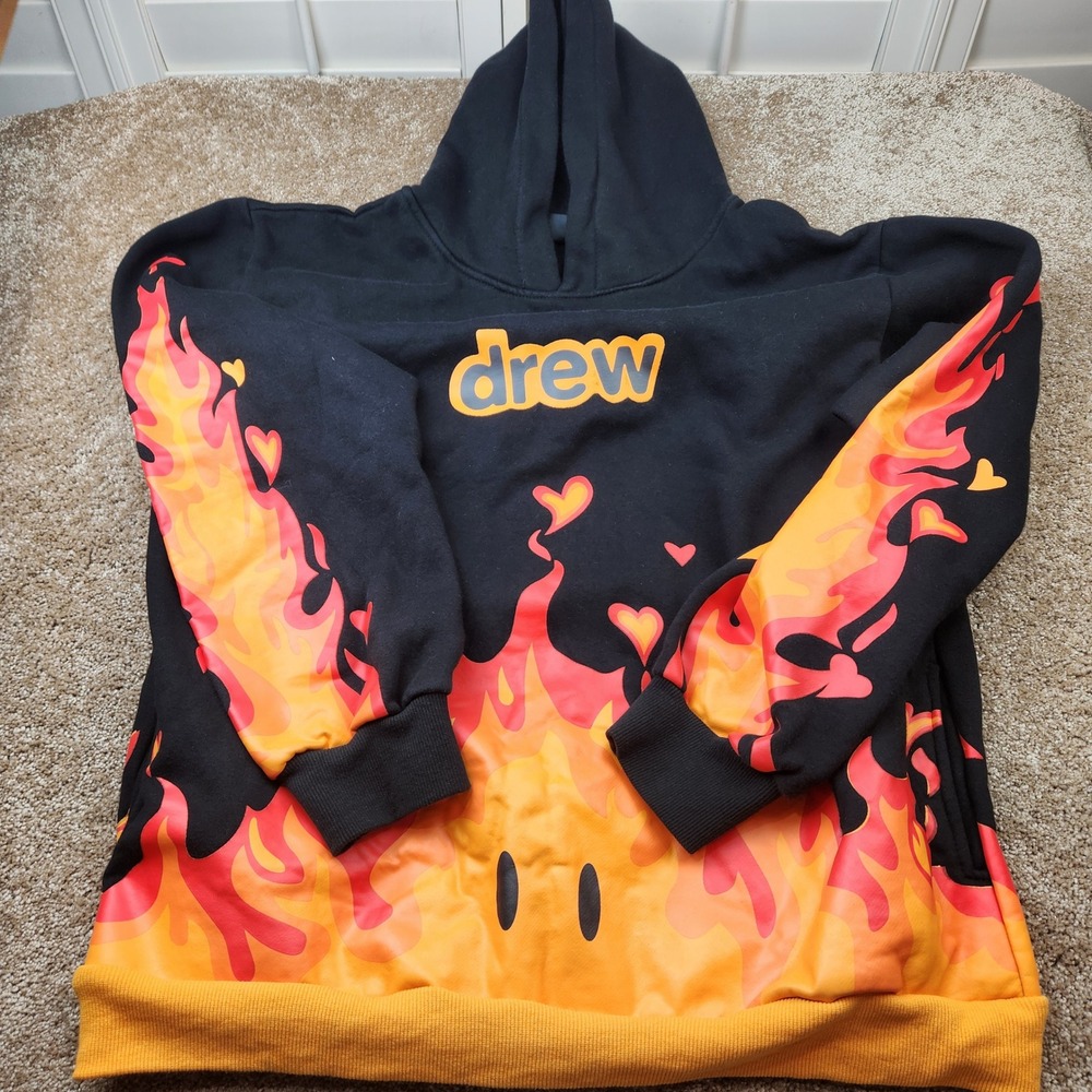 Drew House Skate Hoodie Mens 2XL Black Flame Heart Graphic Logo Pullover Fleece